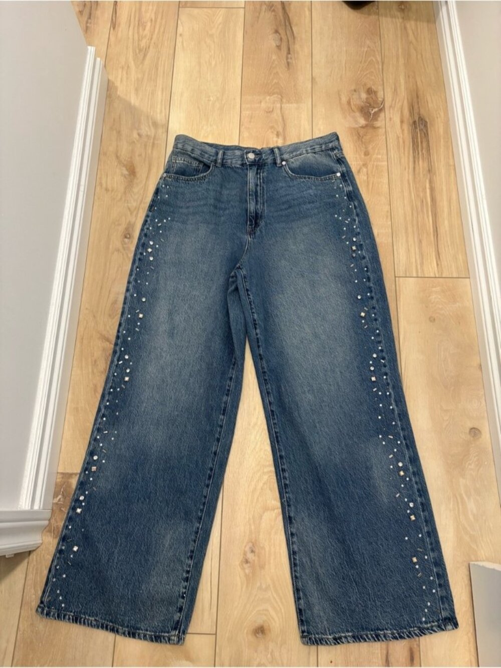 Rebecca Minkoff wide-leg jeans with rhinestone embellishments